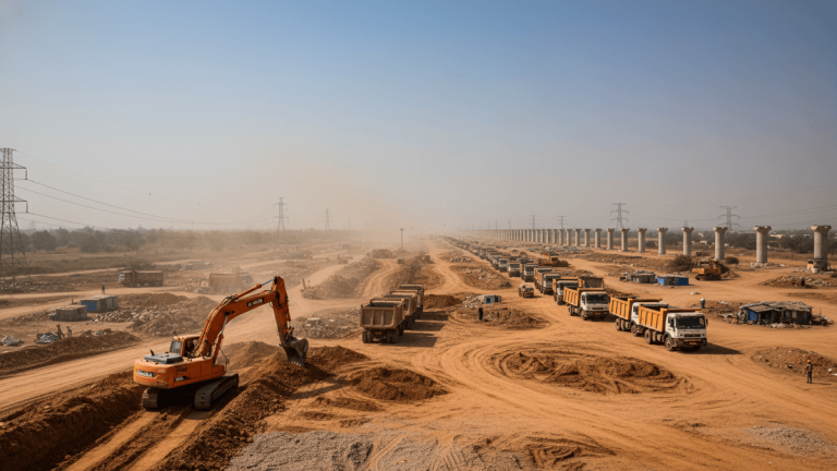 An orange excavator digs dirt on a construction site, with a long line of dump trucks and concrete pillars extending into the hazy distance.