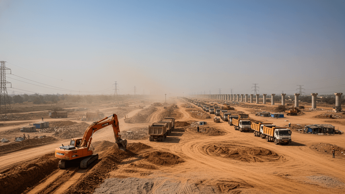 An orange excavator digs dirt on a construction site, with a long line of dump trucks and concrete pillars extending into the hazy distance.