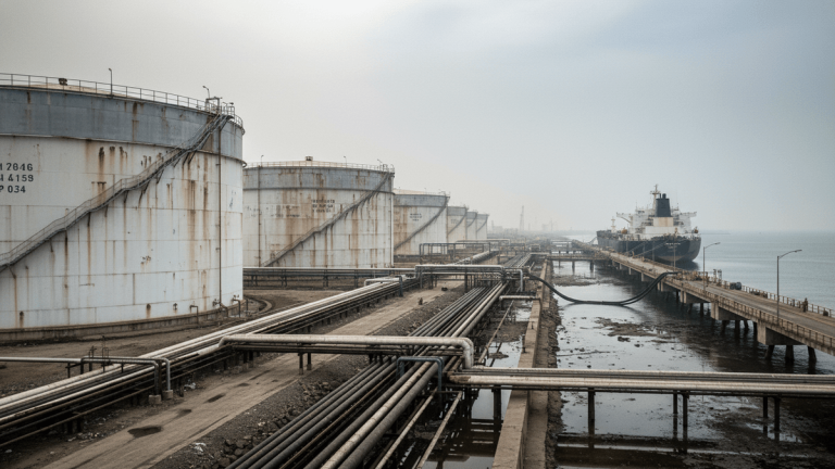 A wide shot of a petroleum storage facility with numerous large white tanks, interconnected by pipelines, next to a long pier where a tanker ship is docked in the water.