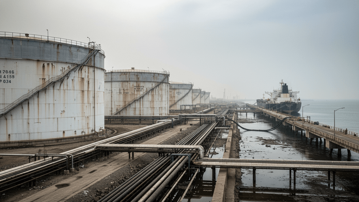 A wide shot of a petroleum storage facility with numerous large white tanks, interconnected by pipelines, next to a long pier where a tanker ship is docked in the water.