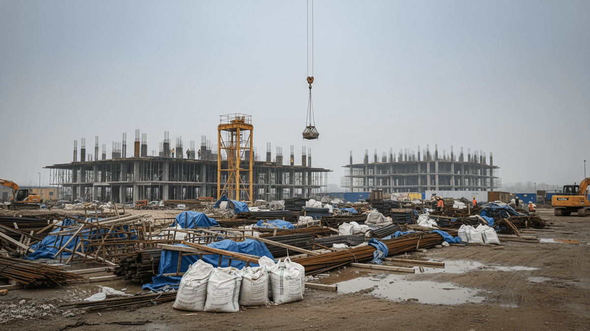A wide shot of a muddy construction site under a gray sky, with steel rebar, bagged materials, and partially constructed buildings in the background. A crane is lowering a load.