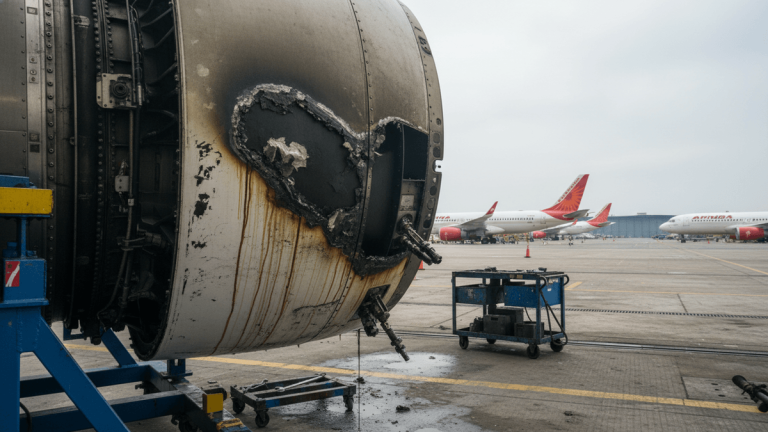 A burnt aircraft engine on a maintenance stand with damaged housing, parked on an airport tarmac.
