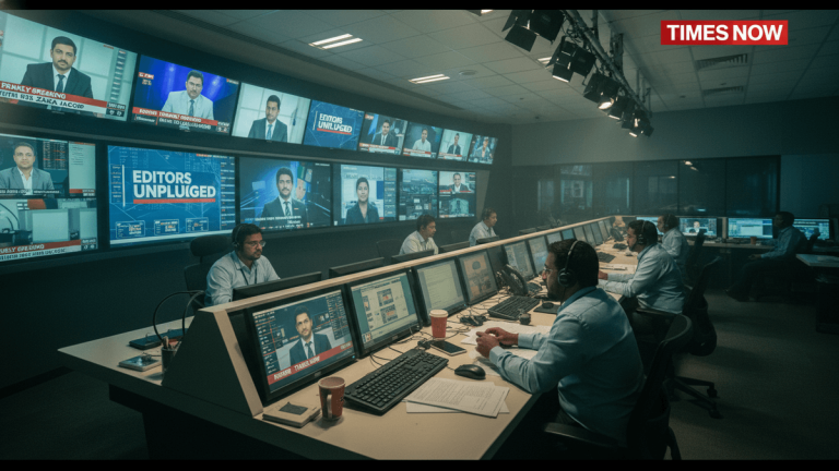 A news control room with multiple staff seated at desks, facing large screens displaying various news segments and anchors.