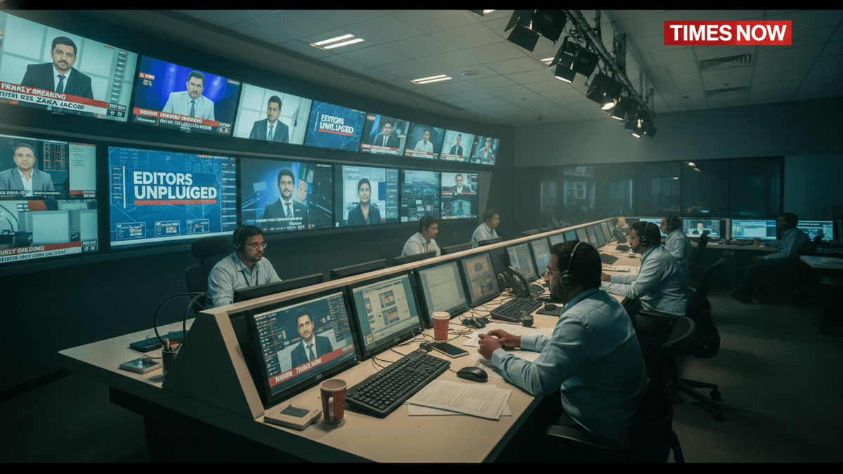 A news control room with multiple staff seated at desks, facing large screens displaying various news segments and anchors.