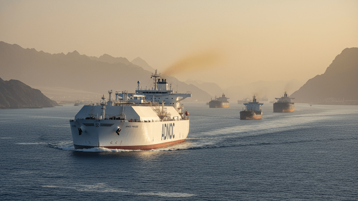 An ADNOC LNG tanker sails towards the viewer in a wide shot, trailing a wake and exhaust plume, with mountains in the background.