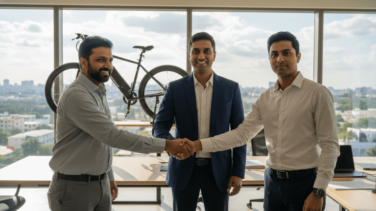 Three men, two in business casual and one in a suit, shake hands in a bright office. An e-bike stands in the background by a window overlooking a city.