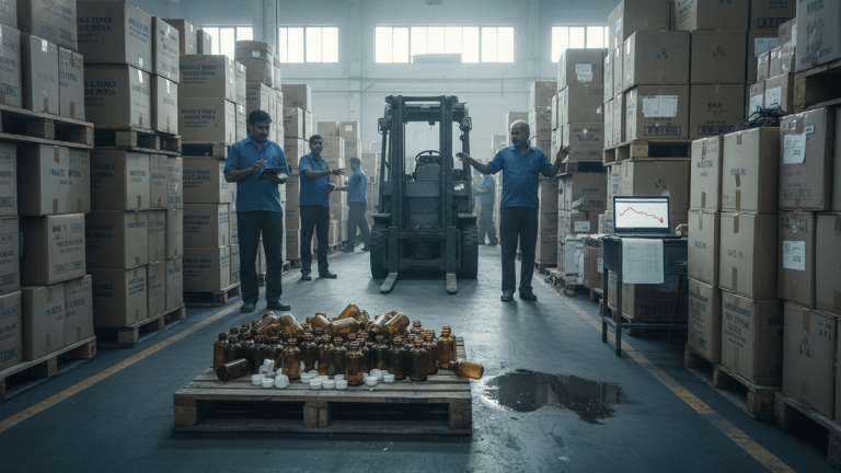 A wide shot of a bustling warehouse in India, filled with stacks of cardboard boxes and pallets. A man gestures.