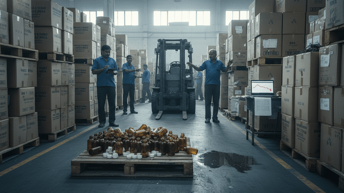A wide shot of a bustling warehouse in India, filled with stacks of cardboard boxes and pallets. A man gestures.