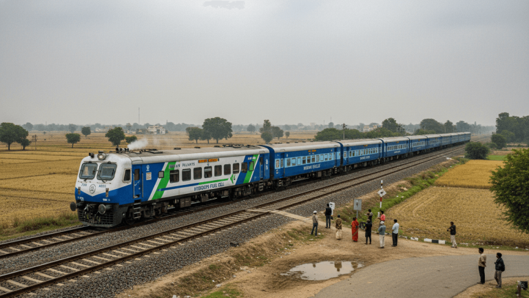 A blue and white hydrogen fuel cell train passes through a rural Indian landscape with fields and distant trees under an overcast sky.