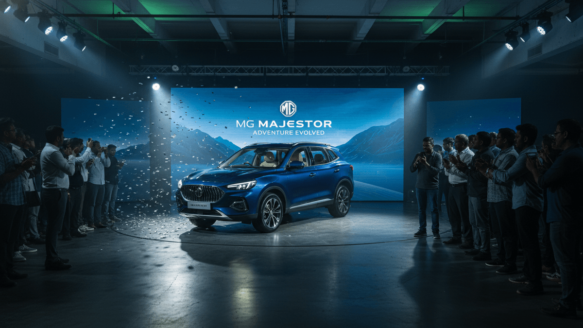 A blue MG Majestor SUV is illuminated on a stage with a large screen displaying "MG Majestor Adventure Evolved." Confetti falls as attendees watch.