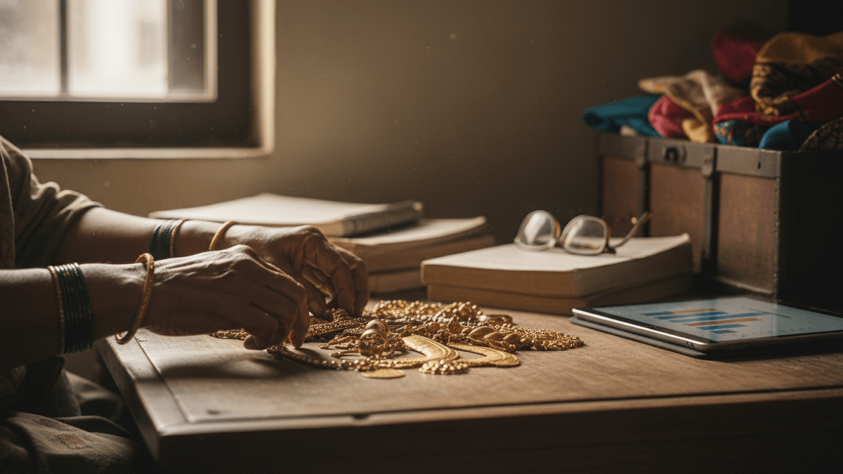 Close-up of a person's hands wearing bangles, arranging an assortment of intricate gold jewelry pieces on a wooden table.