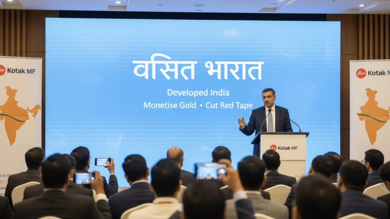 A man in a suit speaks at a podium with "Kotak MF" branding, addressing an audience in a conference room. A large screen behind him displays "Viksit Bharat" and "Developed India."
