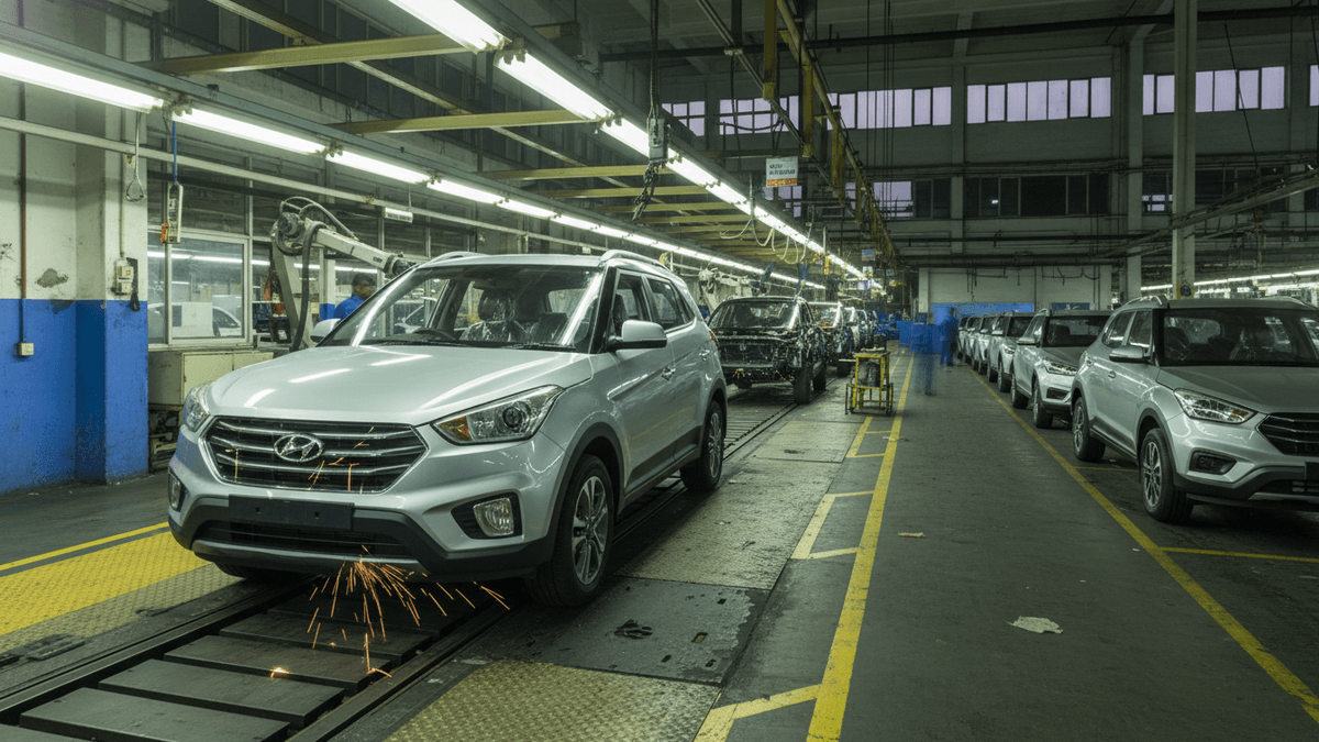 Wide shot inside a Hyundai factory. A silver SUV is mid-assembly with sparks flying from its underside. More cars in various stages are visible down the line.
