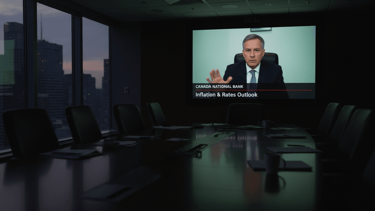 A dark corporate boardroom with a large screen displaying the National Bank of Canada CEO during a video conference.