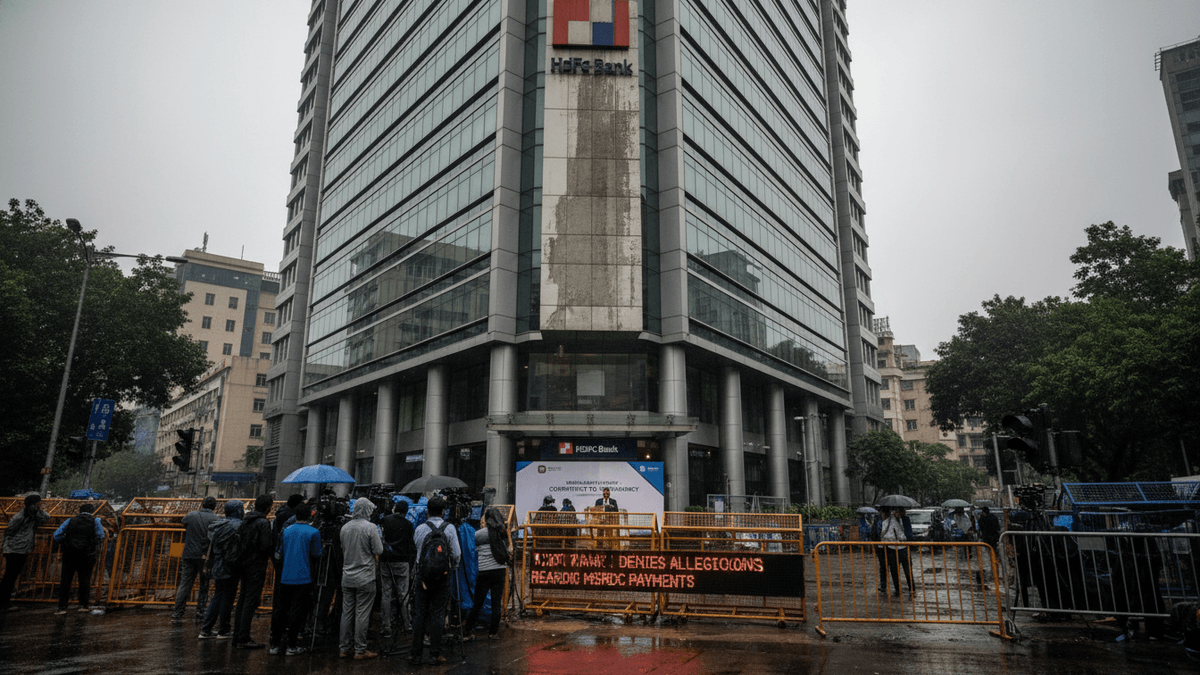 A wide shot of the HDFC Bank building with reporters and photographers gathered in front, a news ticker displaying "HDFC BANK DENIES ALLEGATIONS REGARDING MSRDC PAYMENTS" is in the foreground.