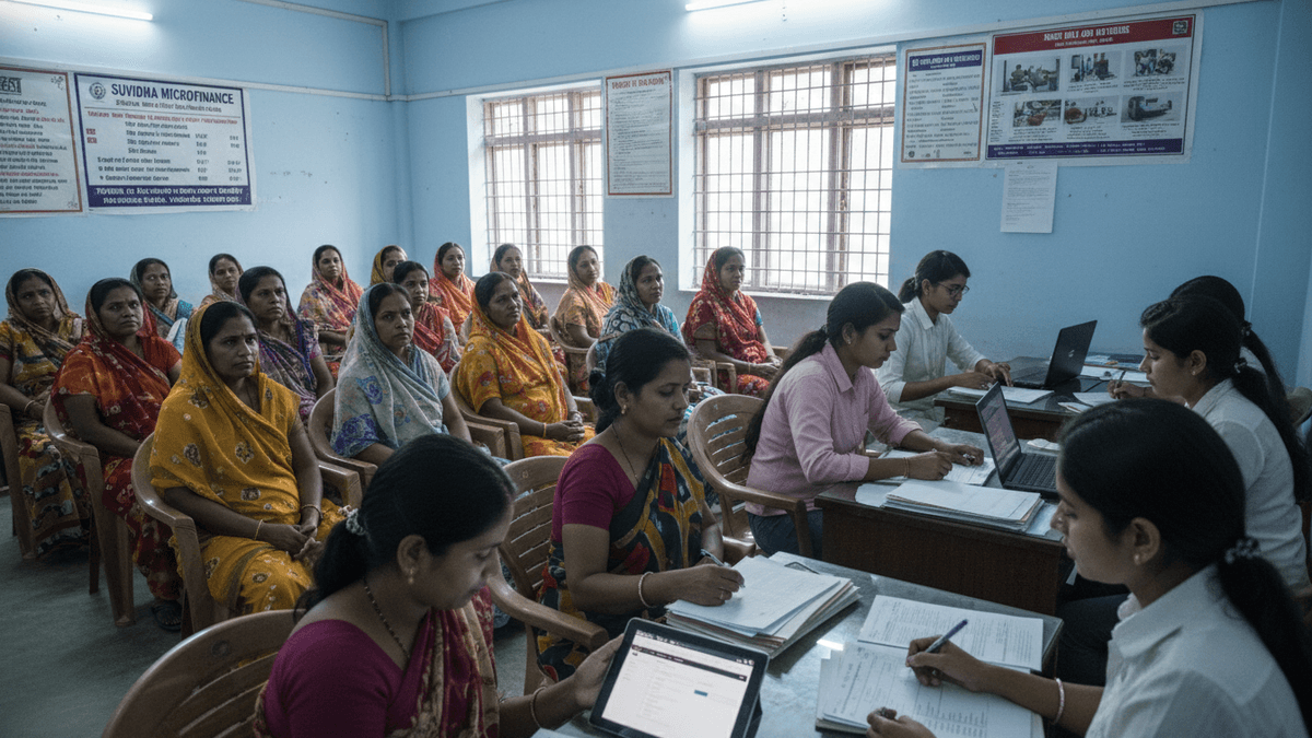A group of women in colorful saris sit in rows facing two tables where other women in white shirts process paperwork and use laptops.