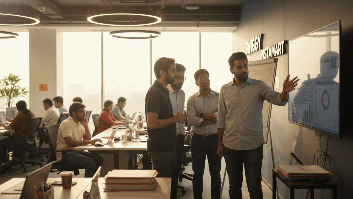 An open-plan office with employees at desks. Four men stand near a large screen displaying charts; one gestures, explaining.