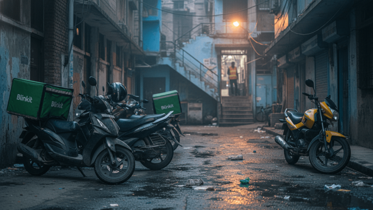 A narrow, wet street in an older Indian city, with three scooters, two with green Blinkit delivery boxes, parked. A delivery driver stands in a doorway.
