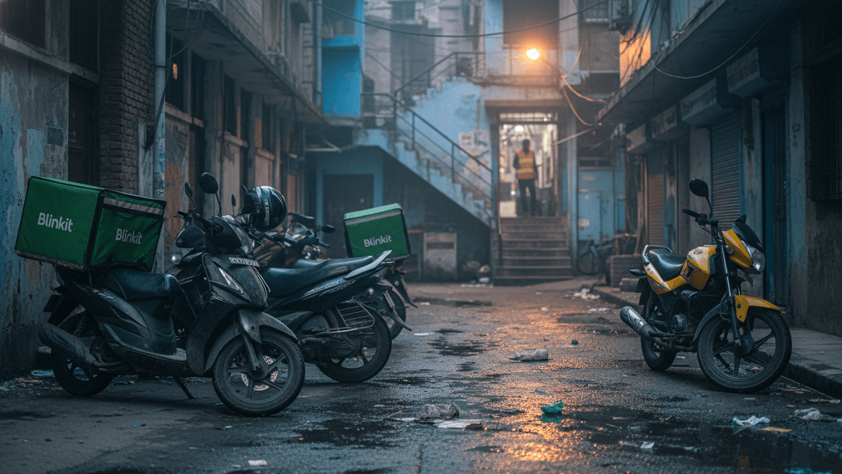 A narrow, wet street in an older Indian city, with three scooters, two with green Blinkit delivery boxes, parked. A delivery driver stands in a doorway.