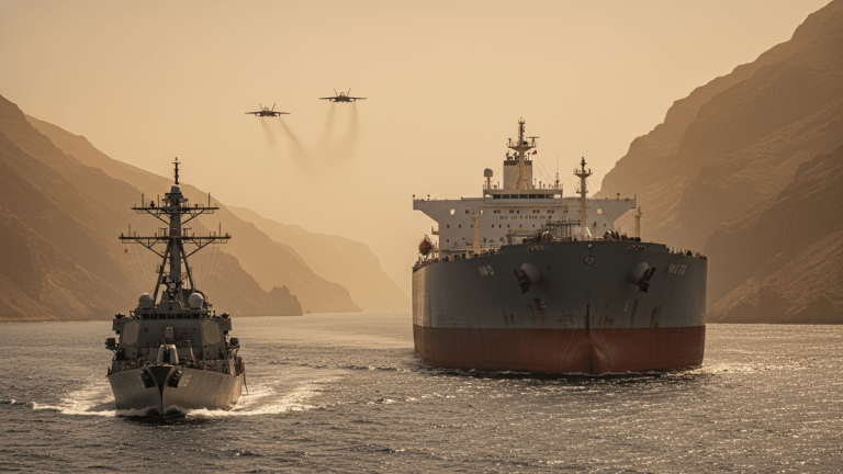 A US Navy destroyer and an oil tanker transit a narrow strait with mountainous terrain under an amber sky, two fighter jets overhead.