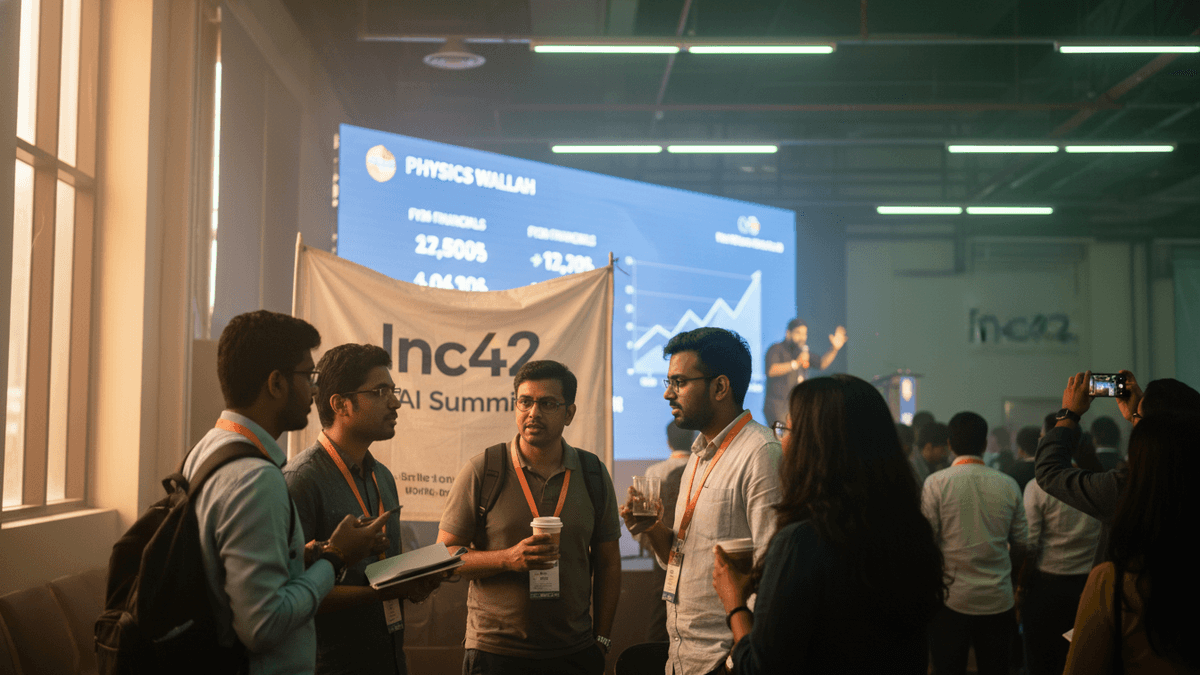 A group of people conversing in an event hall with a large screen displaying "Physics Wallah financials" and a bar graph. An "Inc42 AI Summit" banner is visible.