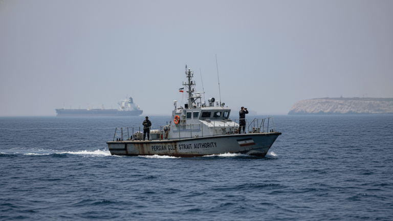 A grey patrol boat with "PERSIAN GULF STRAIT AUTHORITY" written on its hull, moves through choppy water.