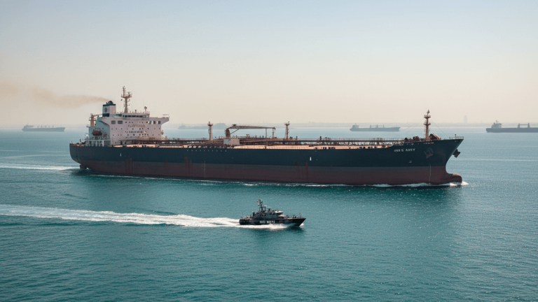 A large oil tanker on a vast blue sea, with a smaller patrol boat in the foreground creating a white wake.