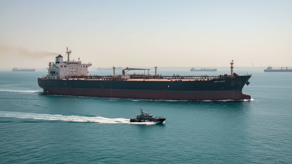A large oil tanker on a vast blue sea, with a smaller patrol boat in the foreground creating a white wake.