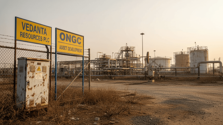 A wide shot of an industrial oil and gas facility with two yellow signs for "Vedanta Resources PLC" and "ONGC" in the foreground.
