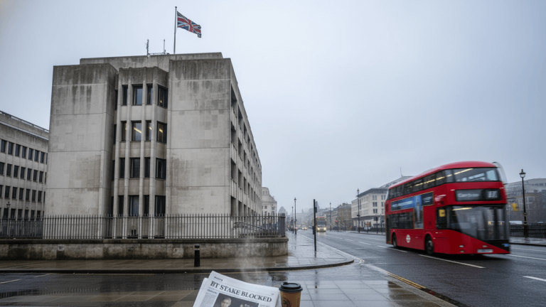A concrete government building in London with a Union Jack flag on the roof. A red double-decker bus is blurred in motion on the street.
