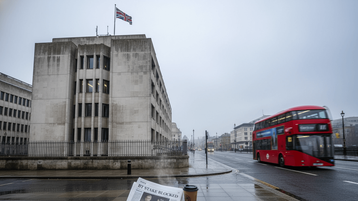 A concrete government building in London with a Union Jack flag on the roof. A red double-decker bus is blurred in motion on the street.