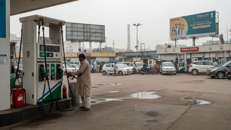 A man in a light brown tunic dispenses fuel at a busy Indian petrol station under an overcast sky.