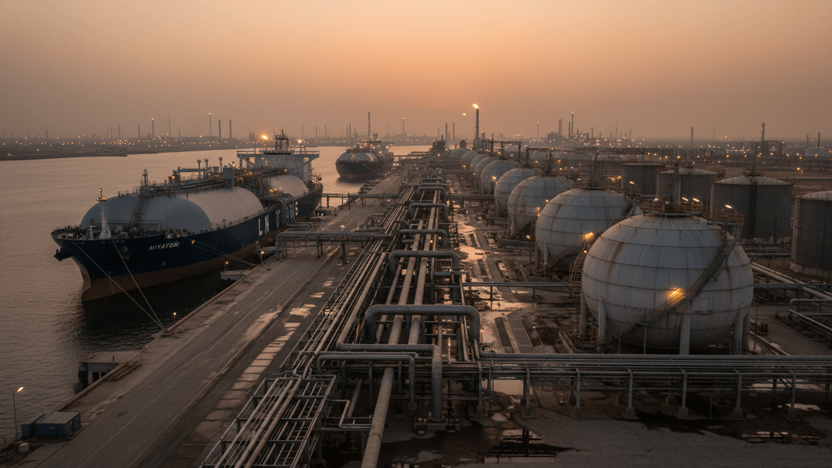 An aerial view of a large industrial port at dusk, with several massive spherical storage tanks and pipelines