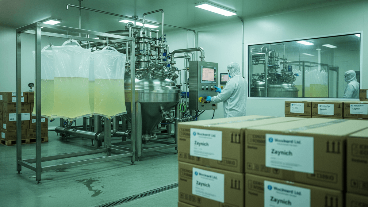 A pharmaceutical cleanroom with large bioreactors, transparent bags of yellow liquid, an operator at a control panel, and stacks of brown boxes labeled "Zaynich."