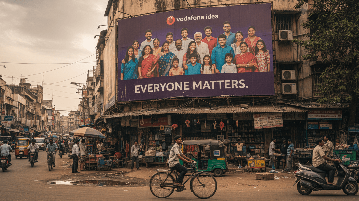 A large Vodafone Idea billboard with diverse faces and the slogan "EVERYONE MATTERS" dominates the upper half of a busy, crowded street scene in an Indian city.