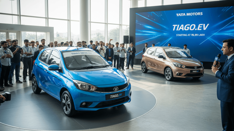 A blue and a gold Tata Tiago.ev are displayed on rotating platforms at a launch event with a large screen in the background and a speaker to the right.
