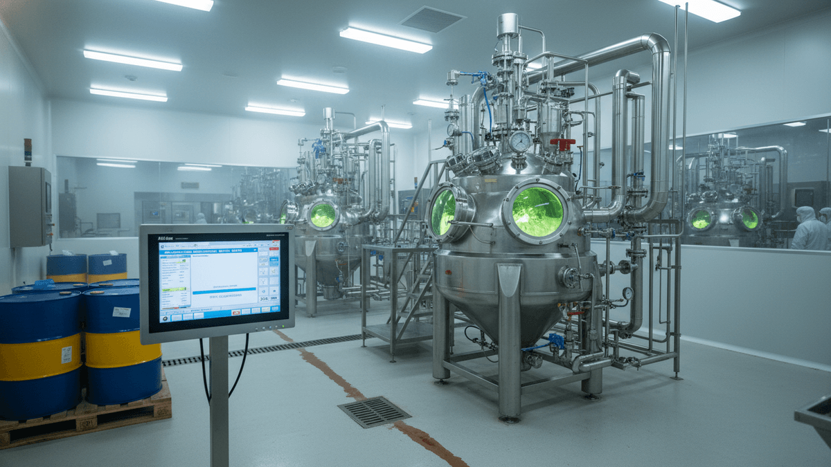 A clean room with large stainless steel bioreactors, pipes, and a computer monitor displaying data.