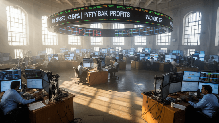 Wide shot of a large, circular trading floor filled with traders at desks under a curved digital stock ticker, sunlight filtering in.