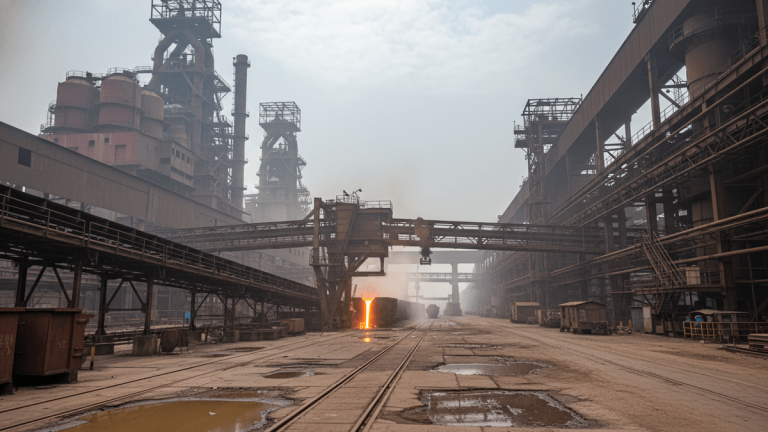 An industrial landscape showing a steel mill under an overcast sky, with molten metal pouring into a ladle car.