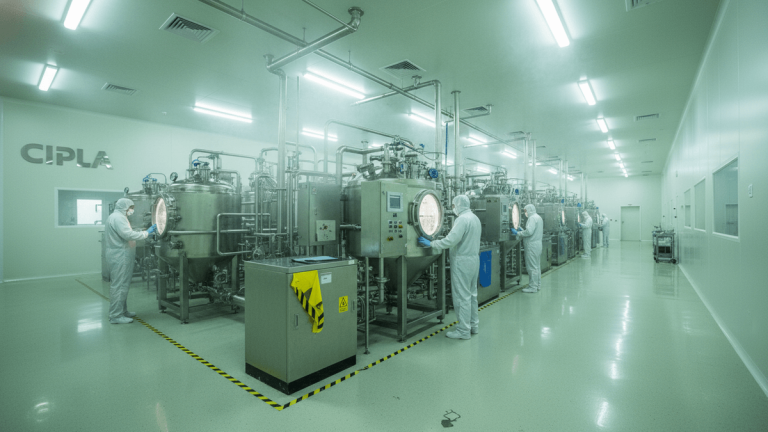 Wide shot of a cleanroom with stainless steel bioreactors, workers in white clean suits, and bright fluorescent lighting.