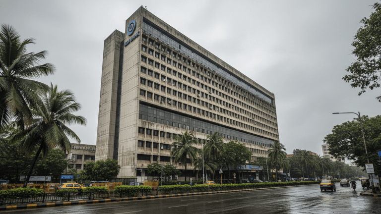 Wide shot of a large, brutalist-style bank building on a wet city street, with palm trees and sparse traffic.