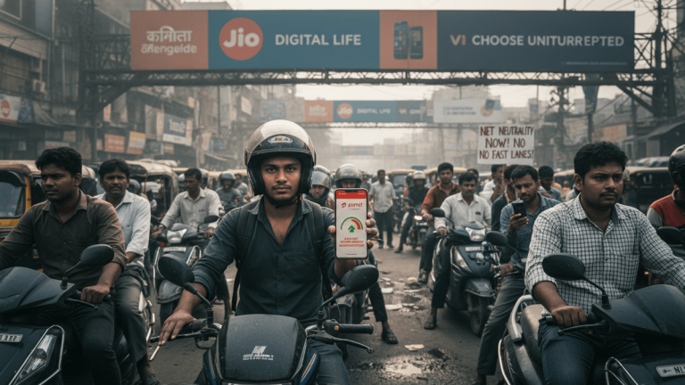 A man on a motorcycle, wearing a helmet, holds up a phone with a "net neutrality" message. He is in the middle of a crowded street in India with other motorcycles and signs for telecom companies.