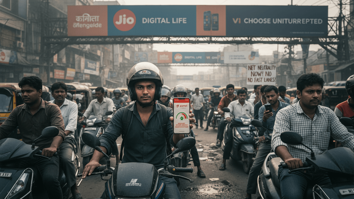 A man on a motorcycle, wearing a helmet, holds up a phone with a "net neutrality" message. He is in the middle of a crowded street in India with other motorcycles and signs for telecom companies.