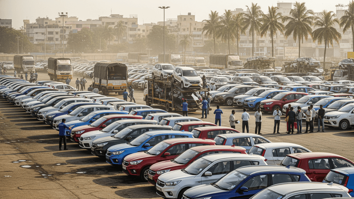 An expansive open-air parking lot filled with hundreds of new cars, with several car carrier trucks.