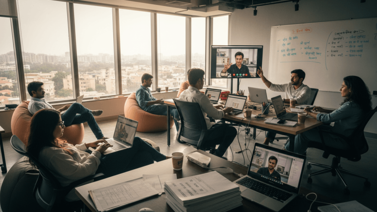 A bright office scene shows several Indian writers working on laptops, some seated at a table, others on beanbags.