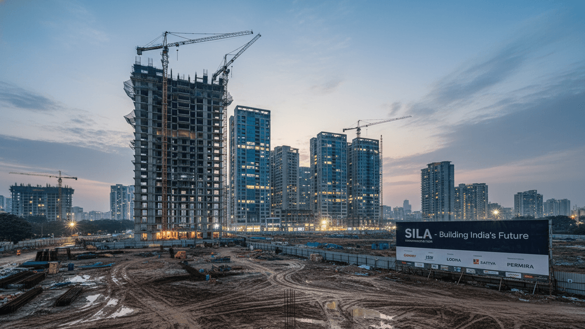A wide shot of a muddy construction site at dusk, featuring a large billboard for SILA and multiple high-rise buildings under construction or recently completed, with cranes visible.