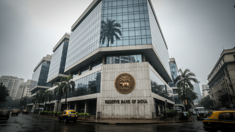 Wide shot of the Reserve Bank of India building in Mumbai under an overcast sky, with wet streets and a few yellow taxis.