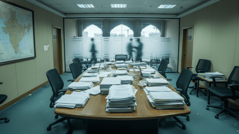 An empty boardroom with chairs pushed in, stacks of papers covering the long table, and maps on the walls.