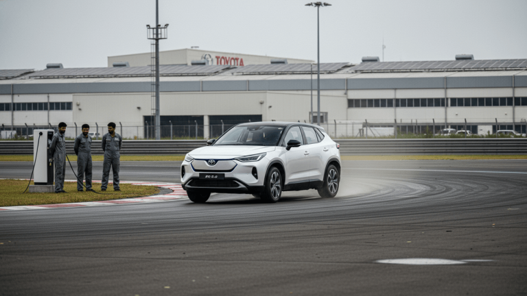 A white Toyota Urban Cruiser Ebella E3 electric SUV turning on a wet test track, with three technicians standing beside charging stations in the background.