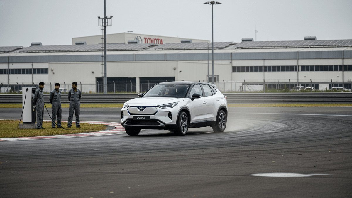 A white Toyota Urban Cruiser Ebella E3 electric SUV turning on a wet test track, with three technicians standing beside charging stations in the background.